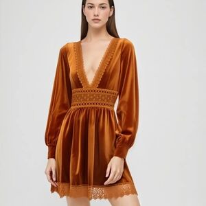 Cider Velvet V-neck Lace Mini Dress Burnt Orange Boho Chic Peasant Whimsi Goth S